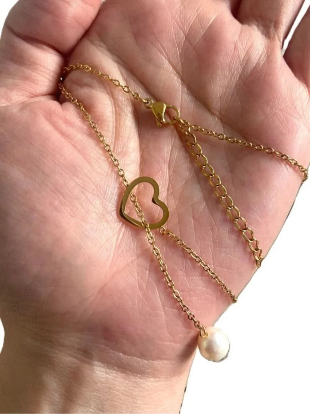 Heart and Freshwater Pearl Drop Y-Shape Dainty Necklace 18K Gold PVD NEW